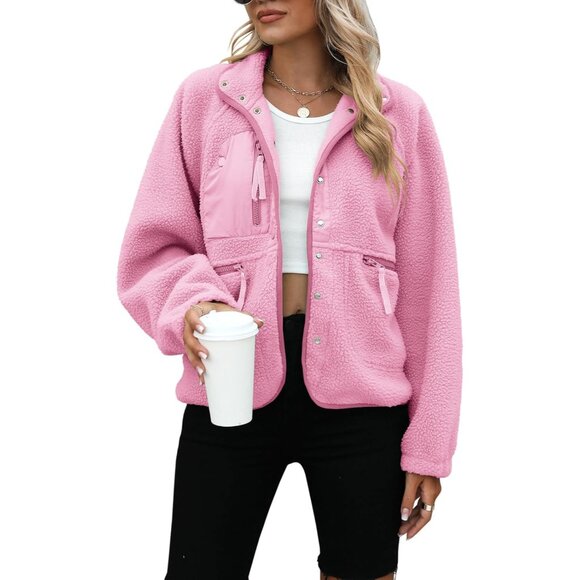 Women's Fleece Jacket Fuzzy Sherpa Coat Long Sleeve Winter with Pockets - Picture 1 of 4